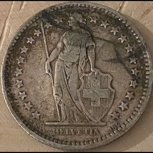 SWITZERLAND 1913-B HELVETIA SILVER TWO FRANCS COIN